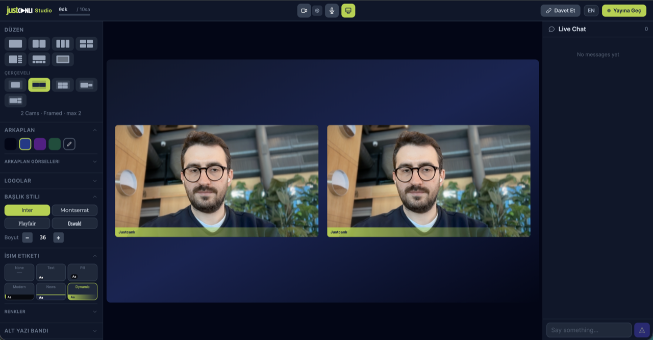 Justcanlı Studio: çift kamera çerçeveli düzen
