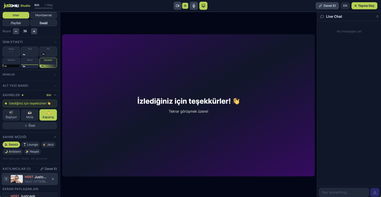Justcanlı Studio: sahne önizlemesi ve kapanış ekranı