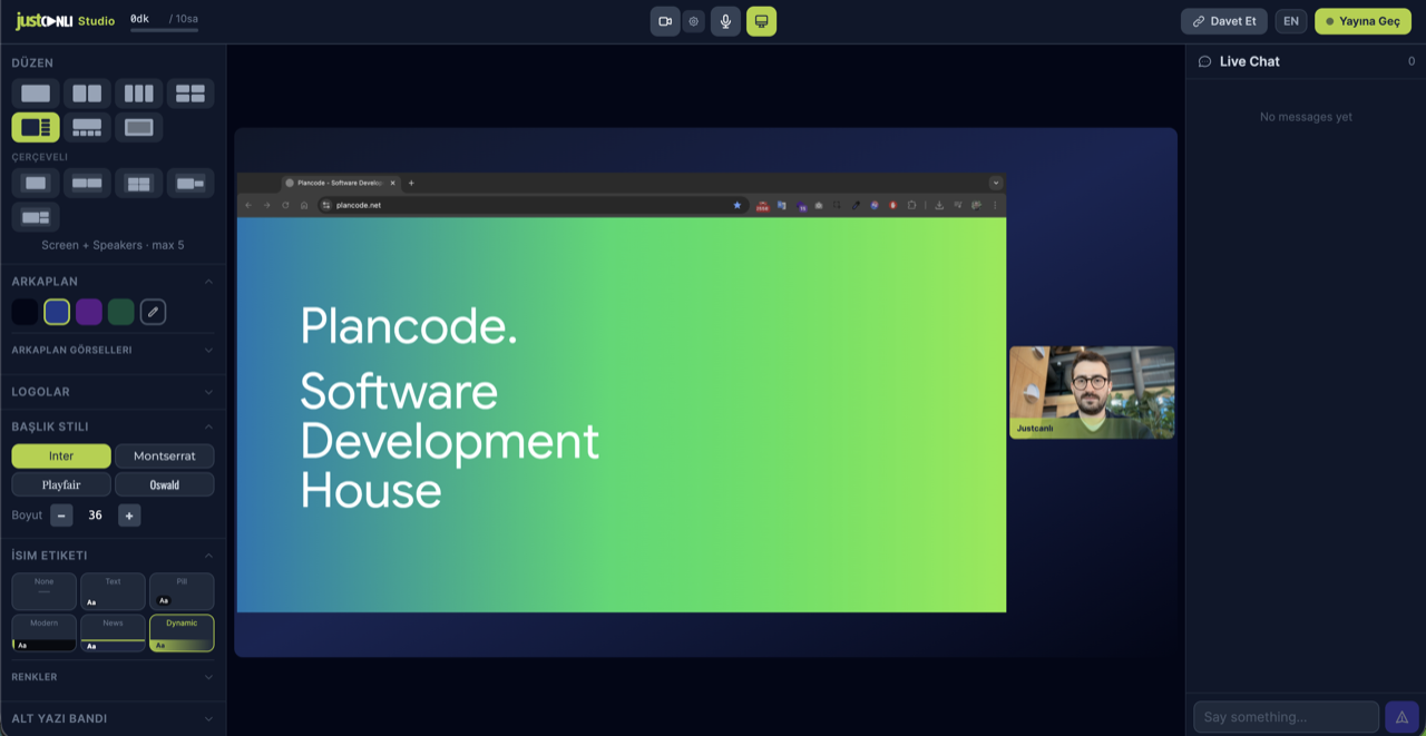 Justcanlı Studio: ekran paylaşımı ve kamera düzeni