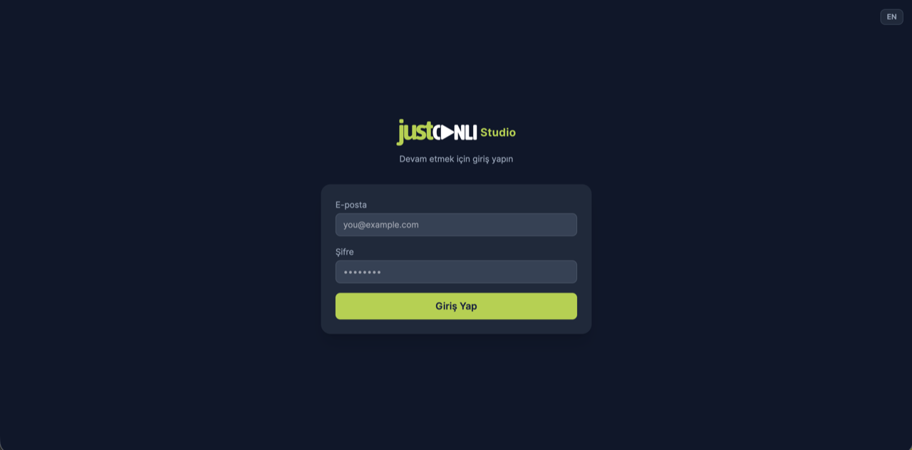 Justcanlı Studio host giriş ekranı