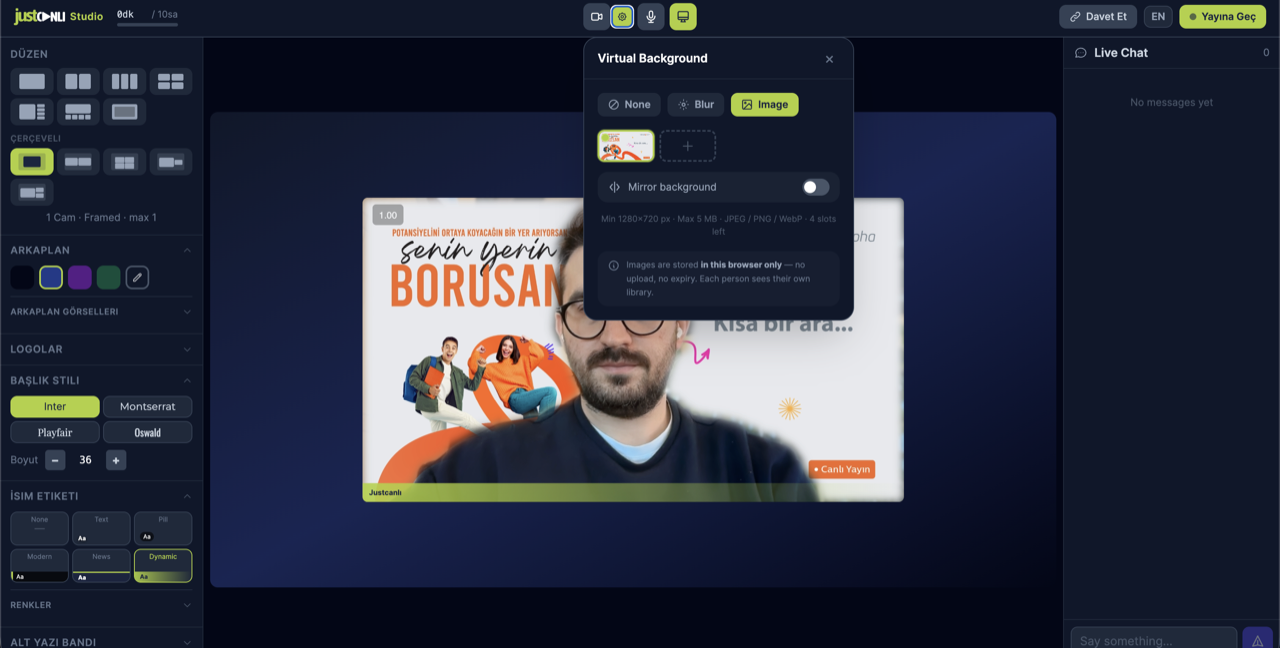 Justcanlı Studio: sanal arka plan ayarları