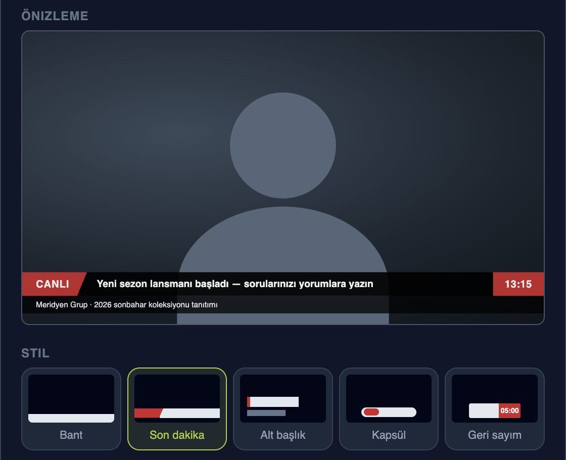Banner düzenleme penceresi: önizleme alanında son dakika bandı, altta Bant, Son dakika, Alt başlık, Kapsül ve Geri sayım stil seçenekleri