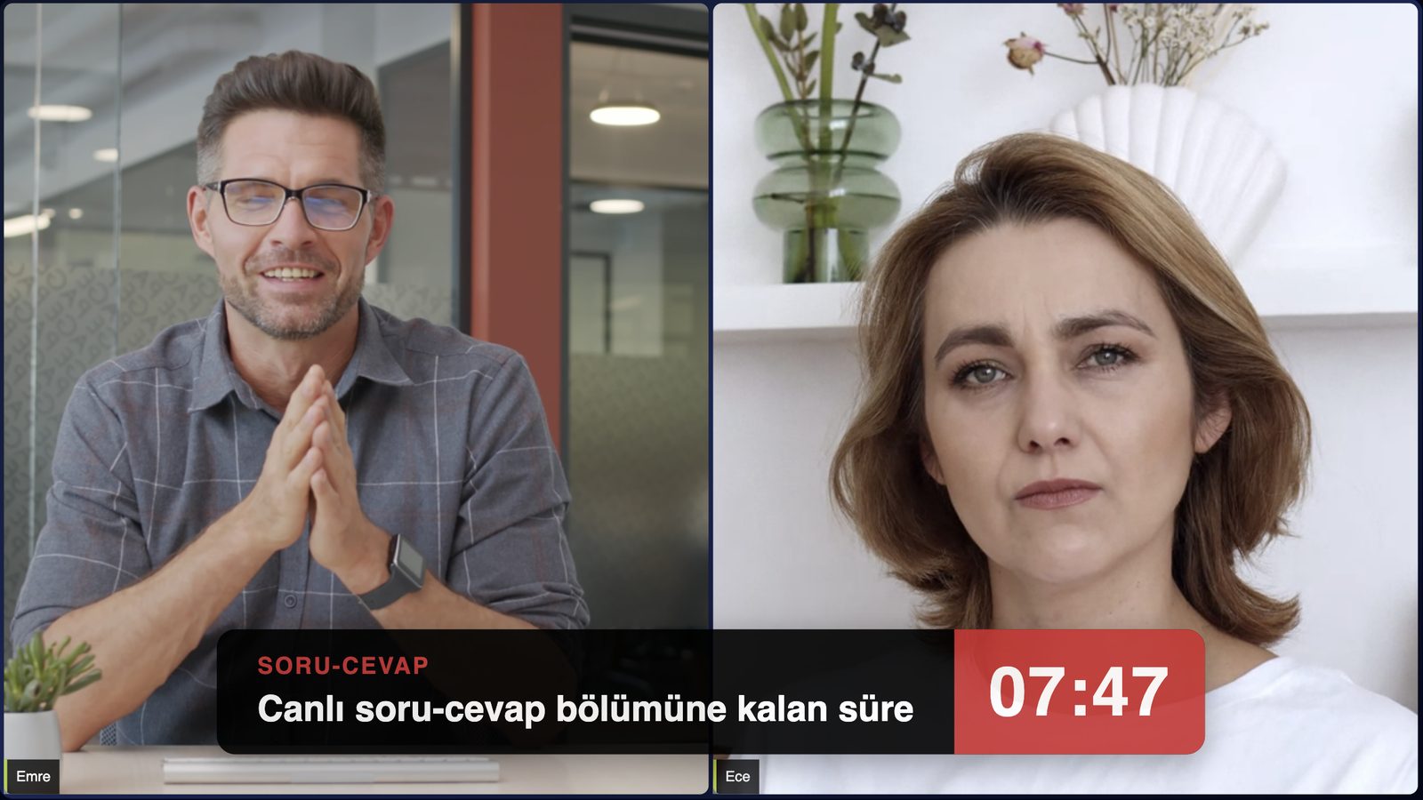 Sahnede iki konuşmacı; altta 'SORU-CEVAP — Canlı soru-cevap bölümüne kalan süre' metni ve kırmızı kutuda 07:47 geri sayımı