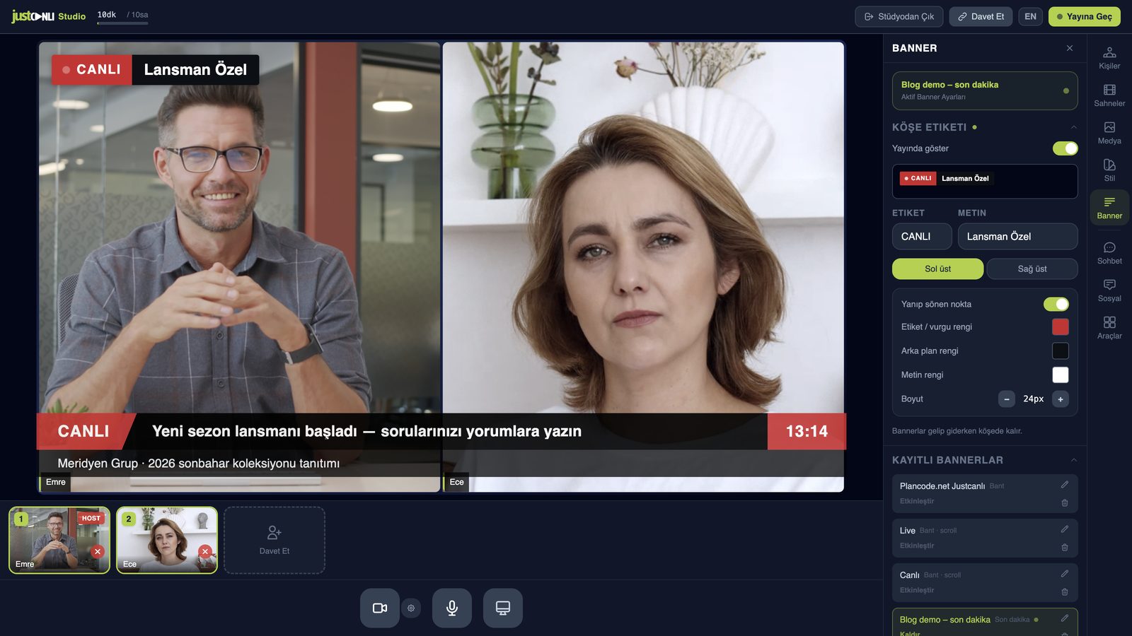 Justcanlı Studio host ekranı: sahnede iki konuşmacı, altta saatli kırmızı son dakika bandı, sol üstte yanıp sönen noktalı CANLI köşe etiketi, sağda banner paneli