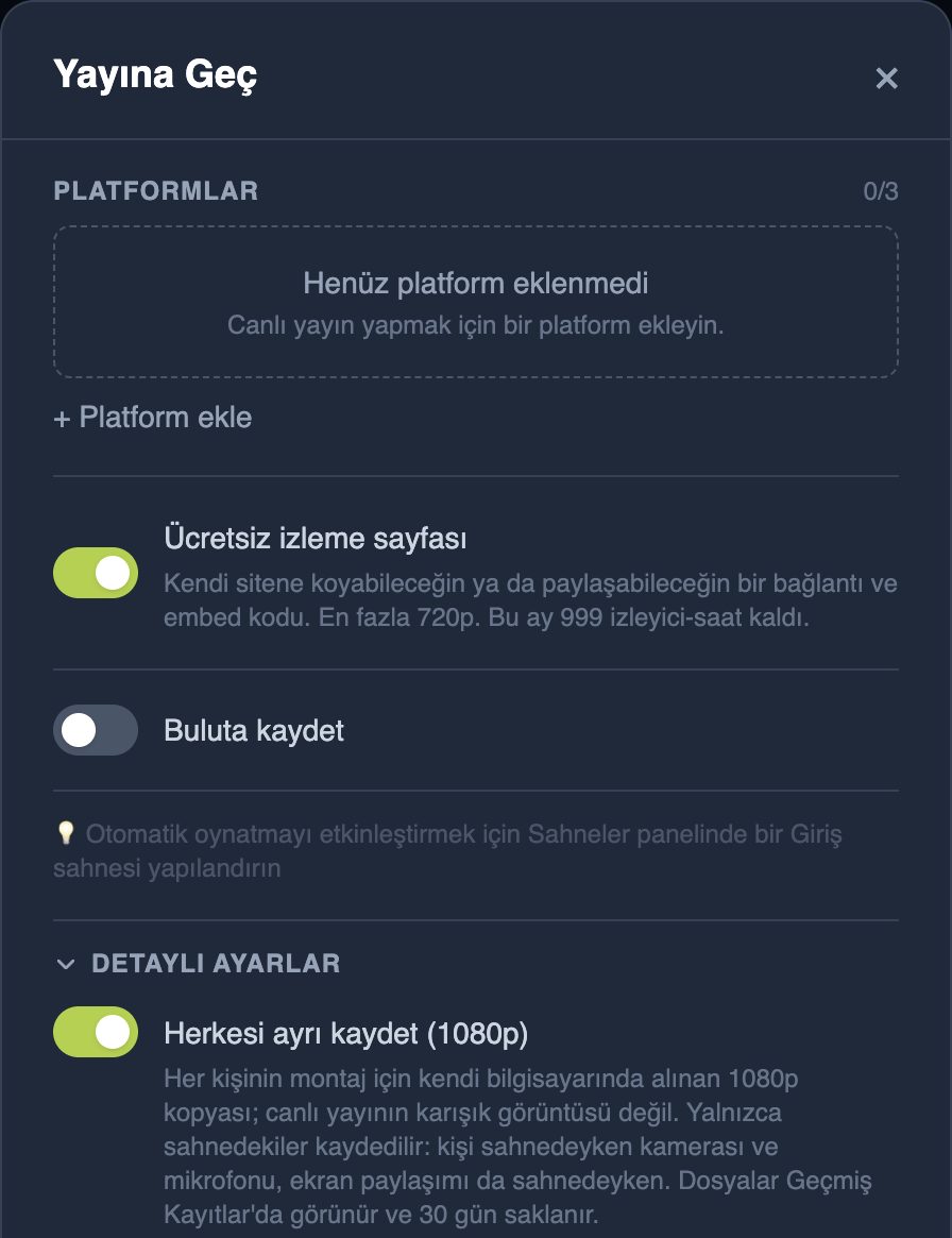 Yayına Geç penceresi: Ücretsiz izleme sayfası anahtarı açık, Buluta kaydet seçeneği ve Detaylı ayarlar altında açık durumdaki 'Herkesi ayrı kaydet (1080p)' anahtarı
